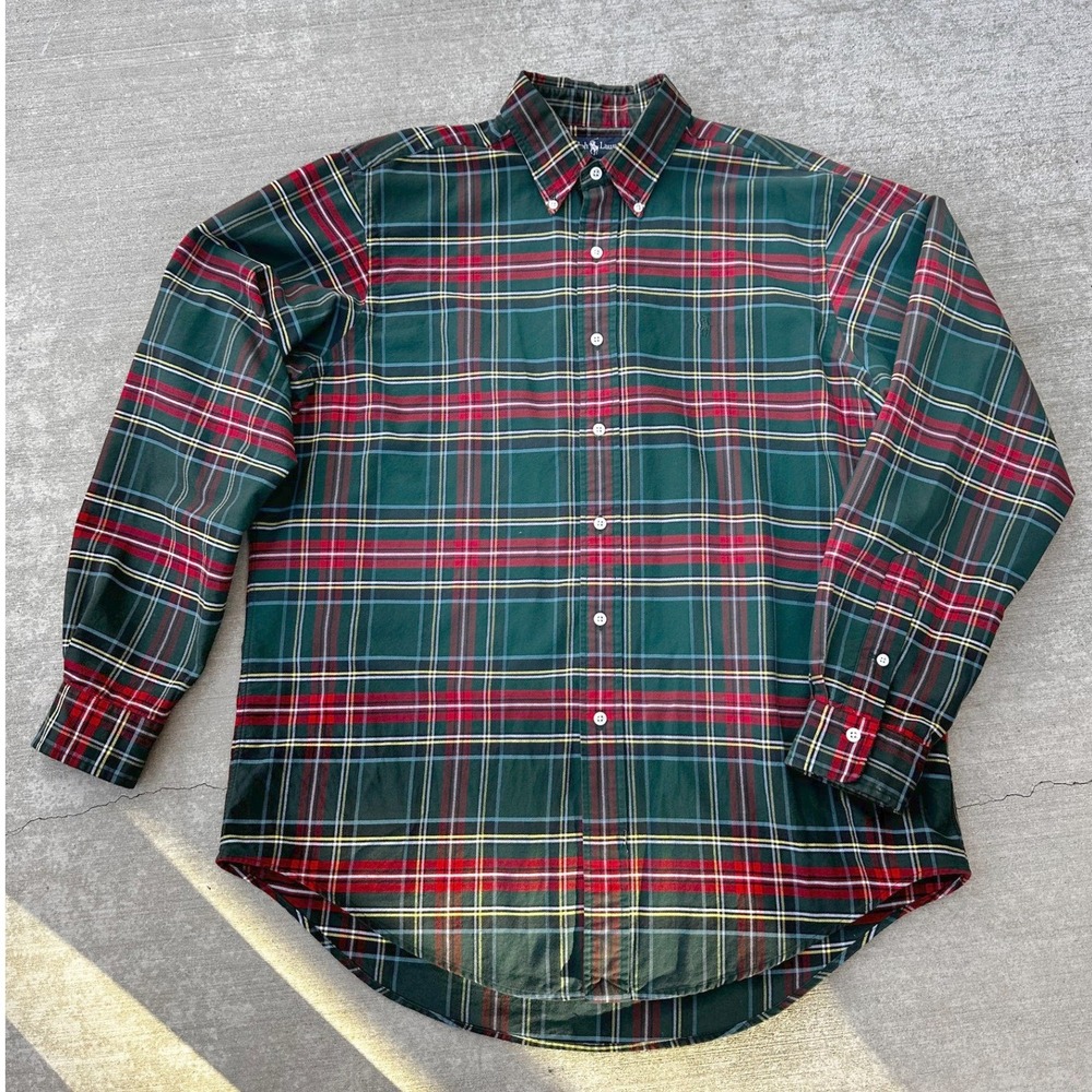 Ralph Lauren Button Down Shirt Men L Green Plaid Classic Fit Preppy